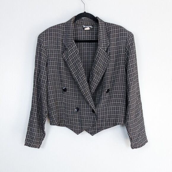 Vintage Blazer Jacket Plaid 90s Clueless Cropped Double Breasted Black White 12 - Picture 1 of 11